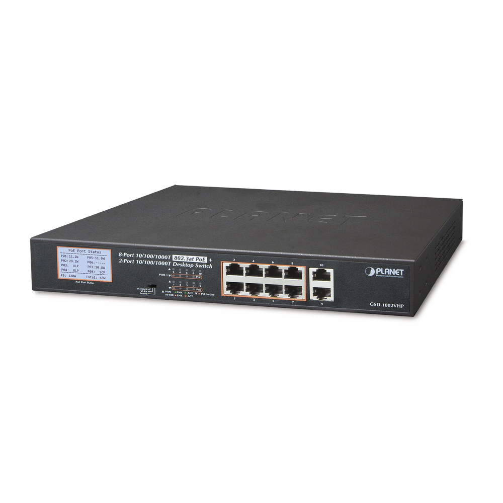 PLANET GSD1002VHP 8-Port 10/100/1000T 802.3at PoE  2-Port 10